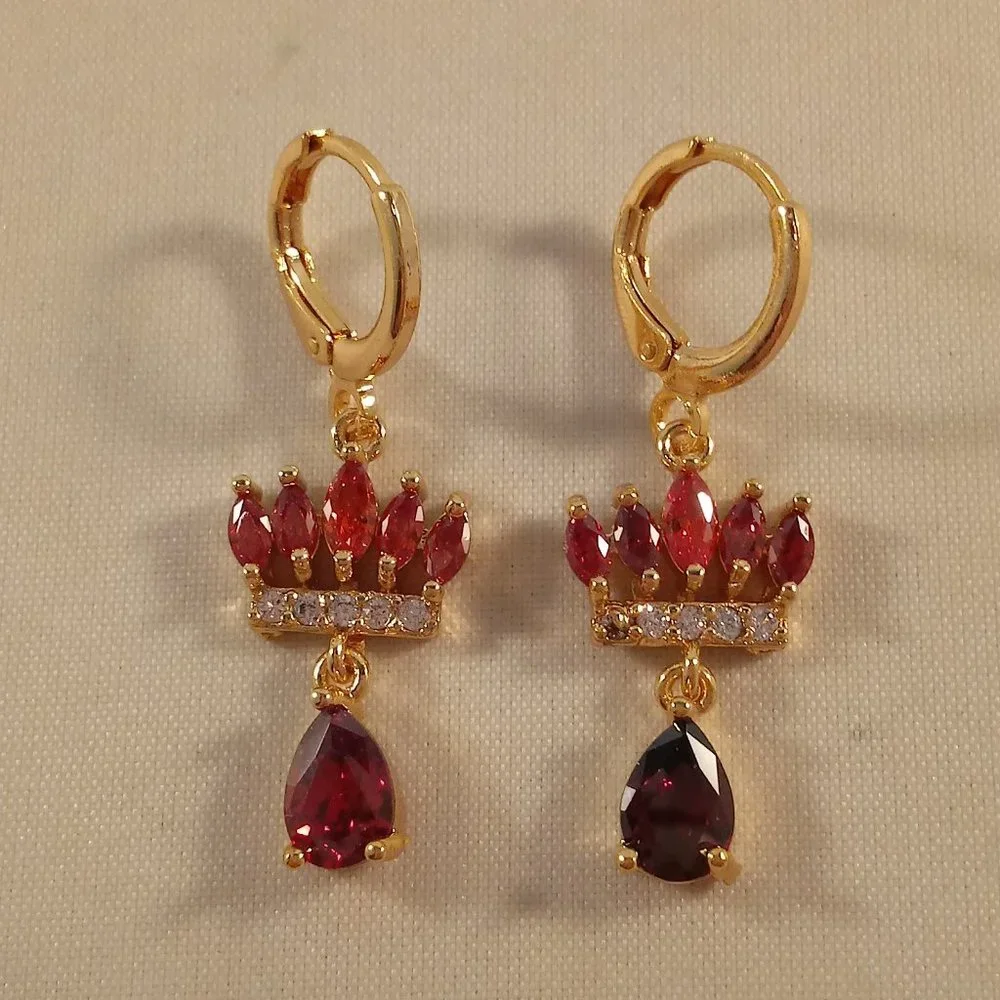 18K Yellow Gold Filled Crown Ruby Red Diamond Zircon Dangle Earrings Gorgeous
